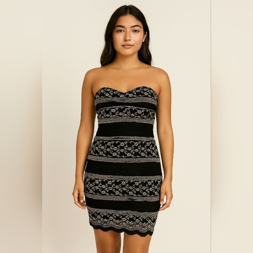 Strapless Lacy Black Grey M Mini Dress Striped Stretch Coquette Bodycon